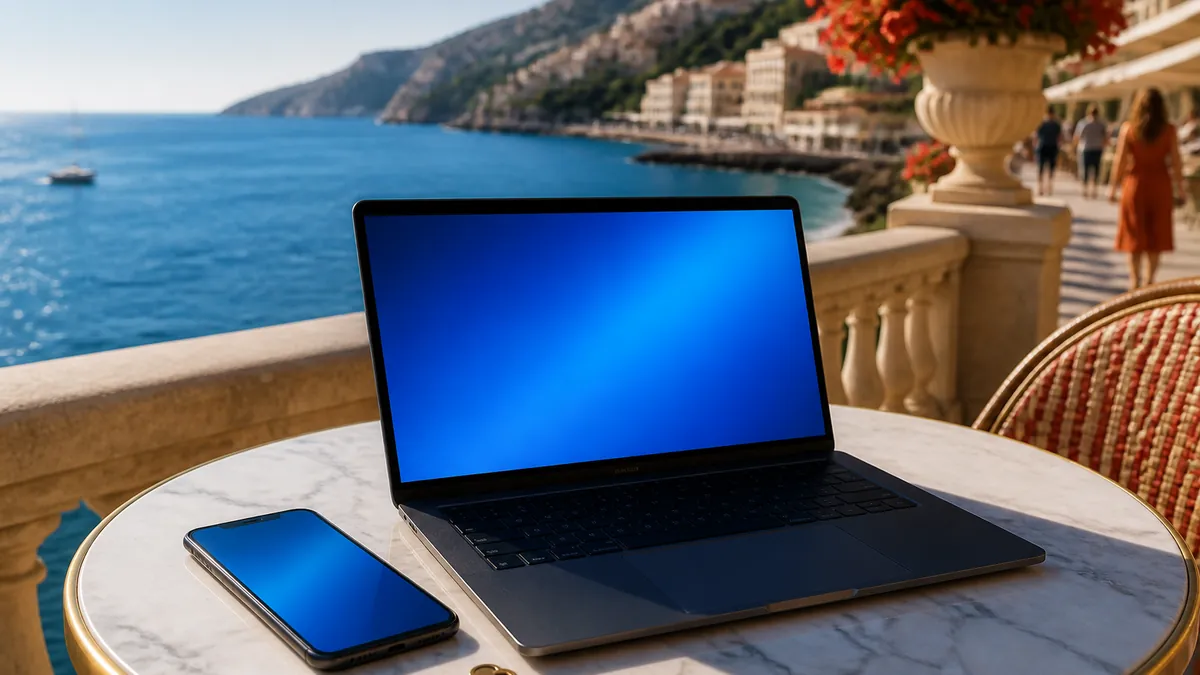 Smartphone et ordinateur portable sur une table de terrasse face à la mer