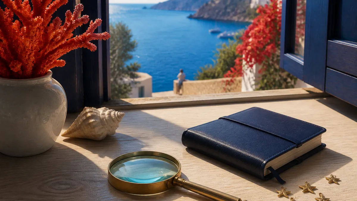 Loupe, carnet et petites étoiles dorées sur un bureau face à la baie