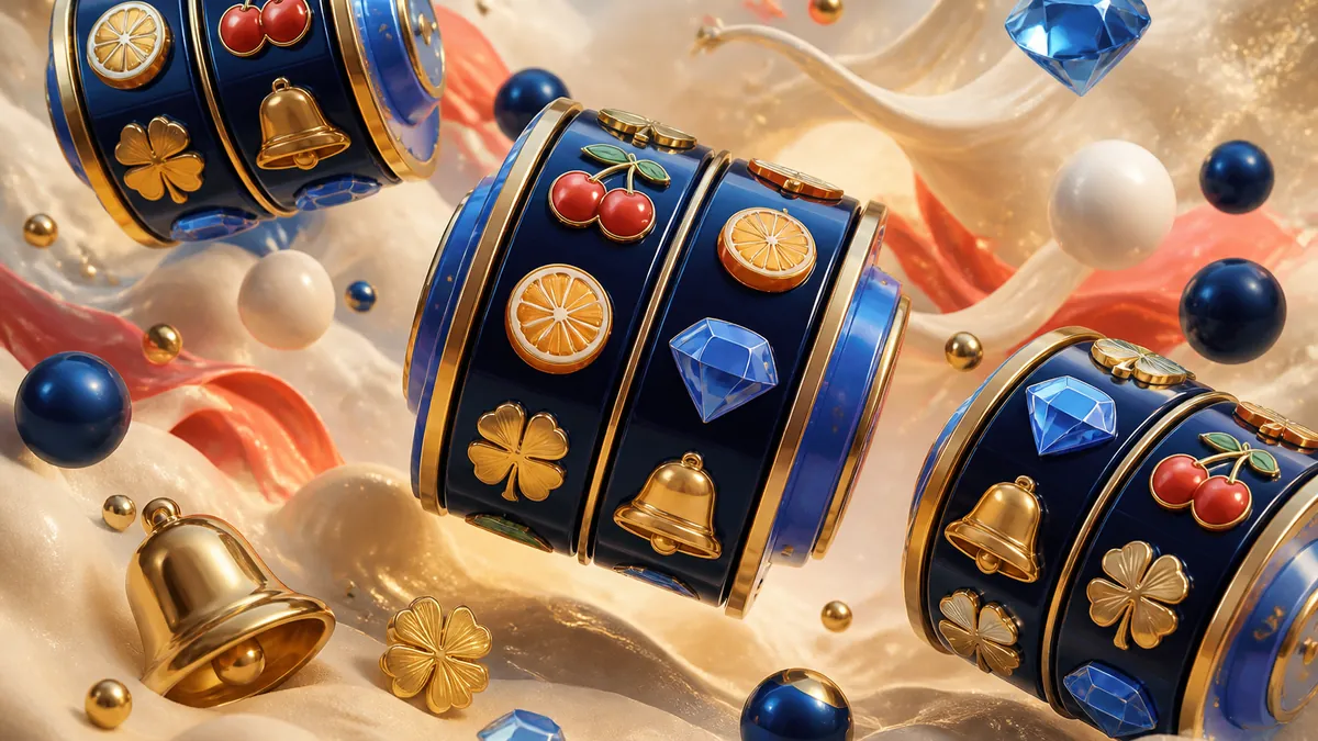 Rouleaux de machine à sous flottants avec cerises, cloches, trèfles et diamants