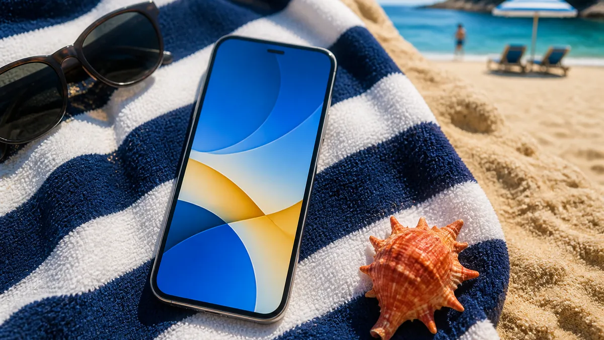 Smartphone posé sur une serviette de plage rayée, lunettes de soleil et coquillage