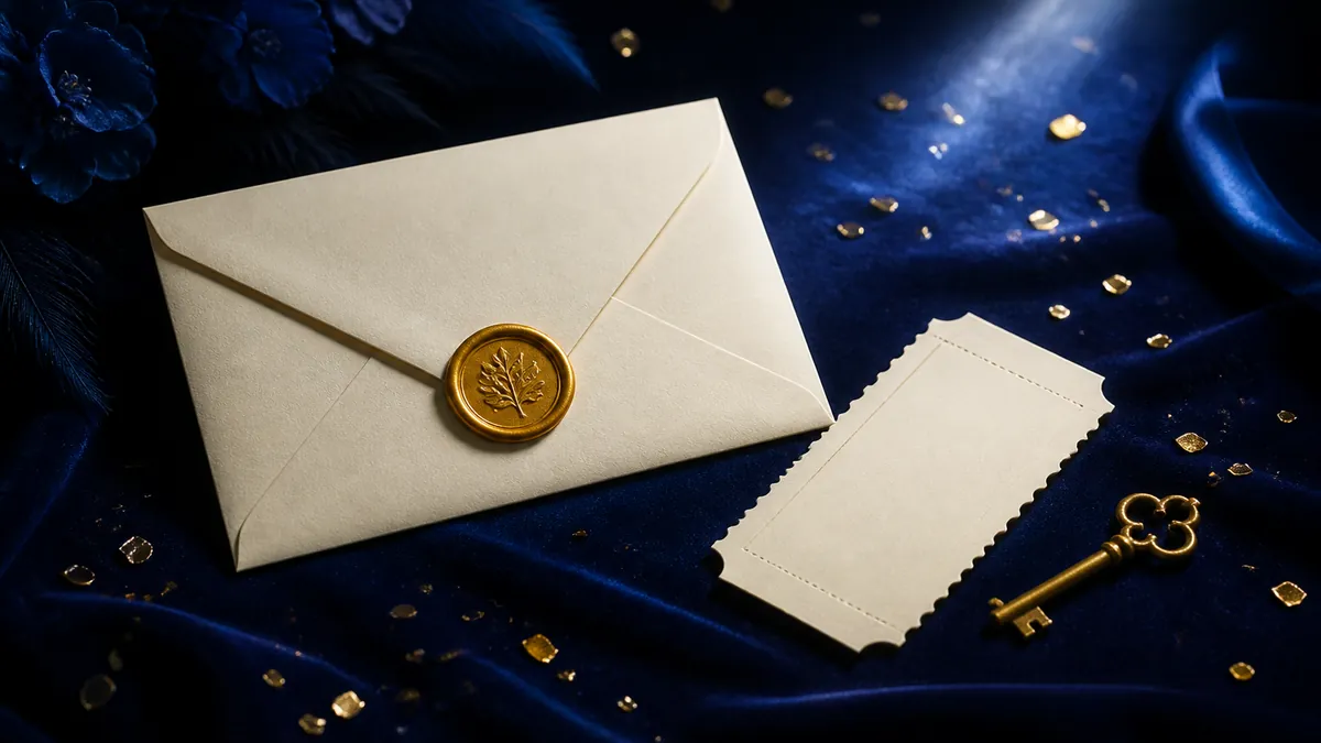 Enveloppe scellée à la cire dorée et ticket vierge sur un velours bleu nuit