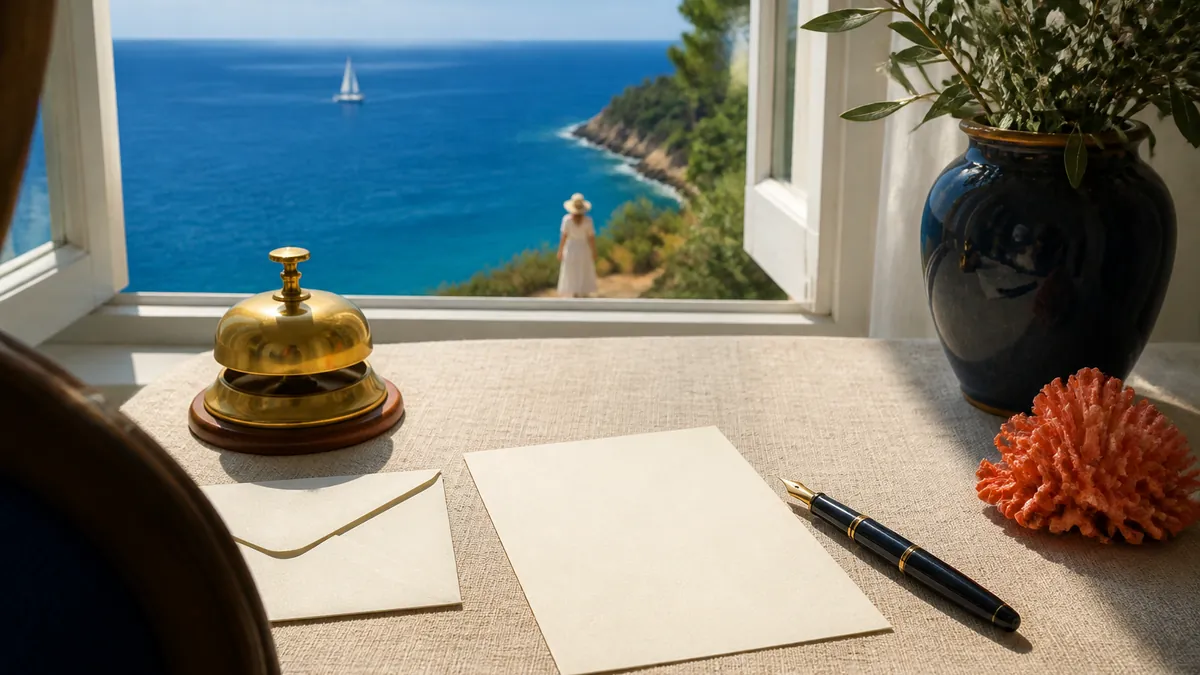 Bureau face à la mer avec lettre, enveloppe, stylo plume et sonnette dorée